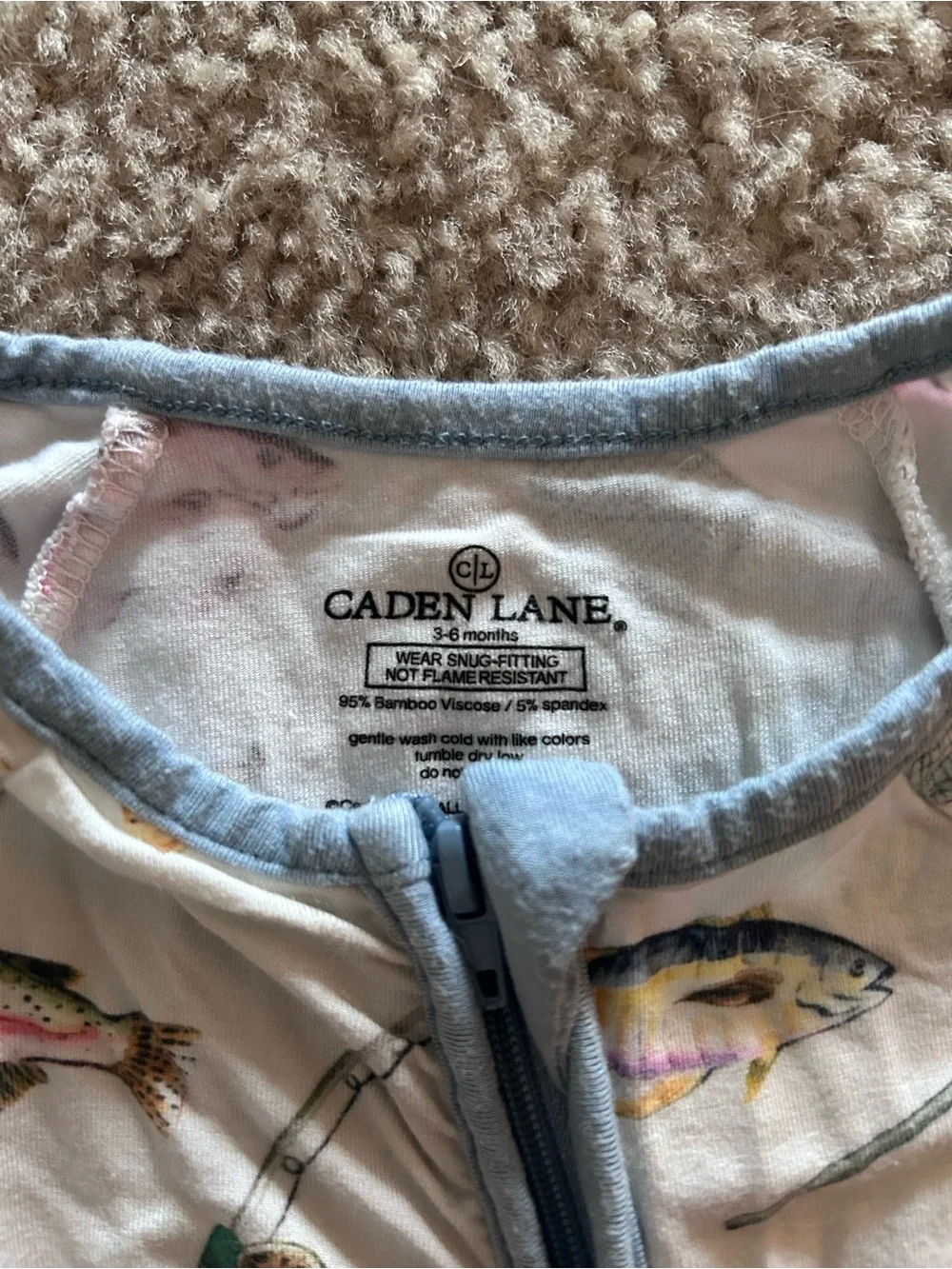 Caden lane Fish-Print two way Zip One-Piece Sleeper - Cream with Blue Trim